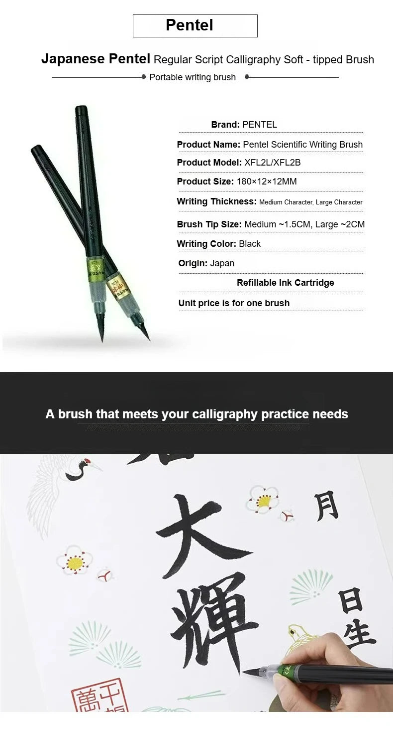 PENTEL Scientific Writing Portable Brush Pen Soft - tipped Calligraphy Practice Pen Refillable Ink Small Regular Script