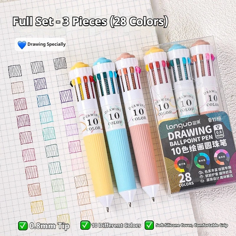 28/30 Colors Multicolor Ballpoint Pen Set 0.8mm, 10-in-1 Colored Pens Fine Point Retractable Ballpoint Pens for Office School
