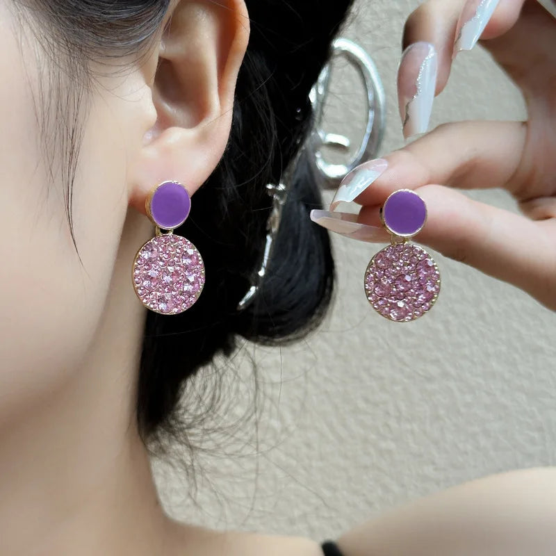 925 Silver Needle Earrings Sales Korean Edition Purple Crystal Light Luxury Geometric Circle Dropping Fashion Design Earrings