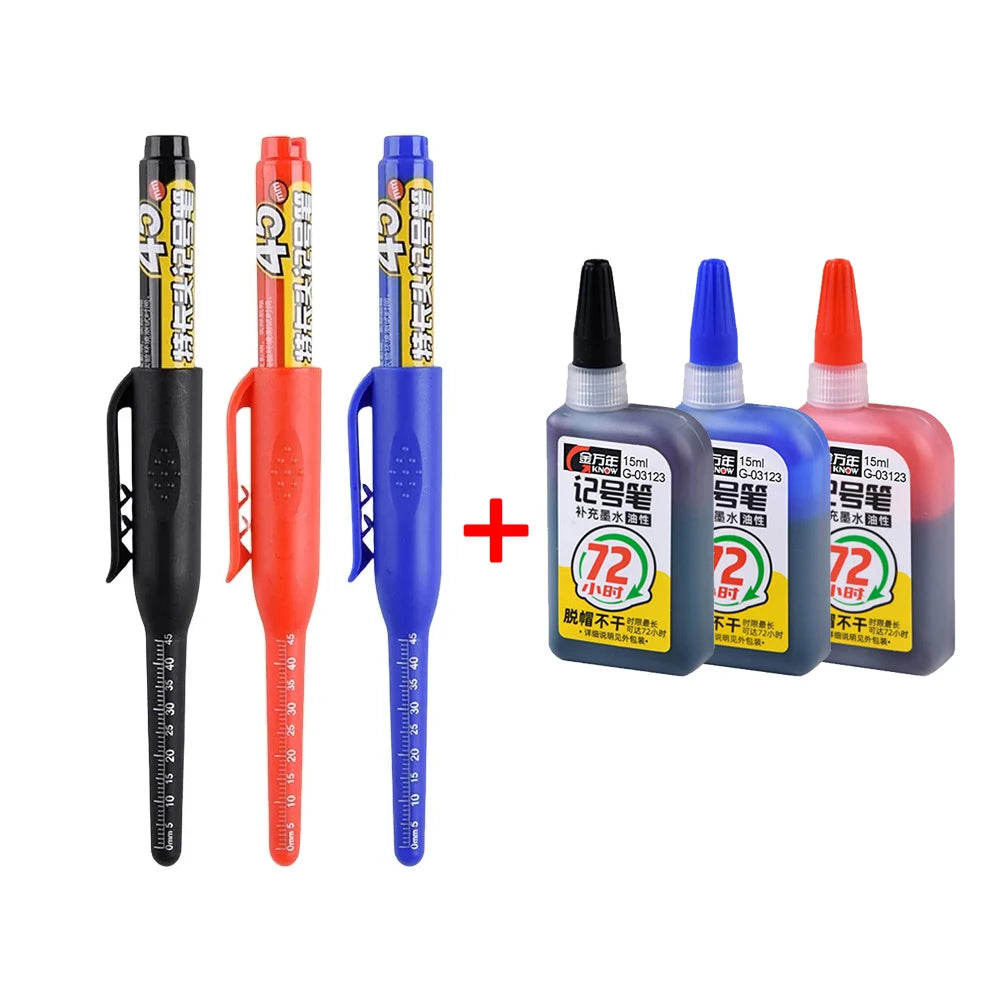 45mm Waterproof Deep Hole Marker Pens Long Nib Head Carpenter Pen Black/Blue/Red Ink for Multi-Purpose Woodworking Hand Tools