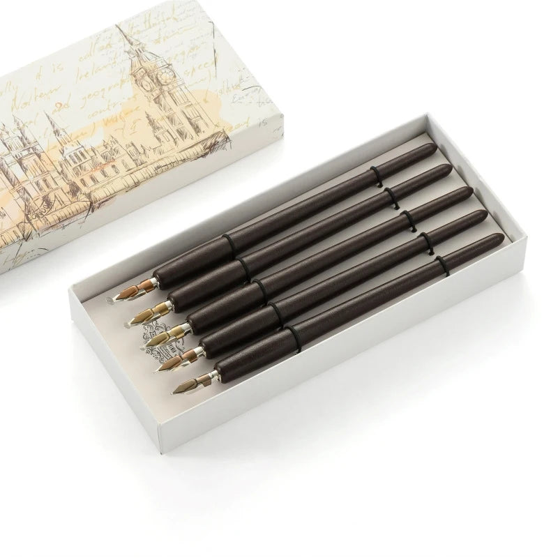 5Pcs Literary Retro Wooden Dip Pen 5 Nibs Set Antique Dip Calligraphy Writing Pen Office Stationery Writing Tools