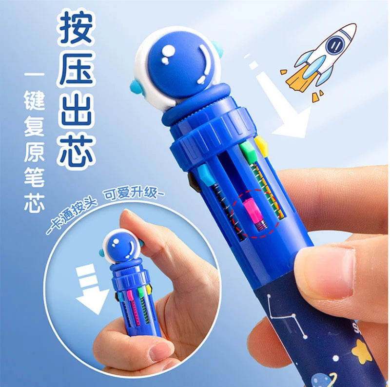 10-Color Ballpoint Pen Multifunctional Blue Black Red Pink Orange Yellow Green Blue Purple Brown Marker Pen Cartoon