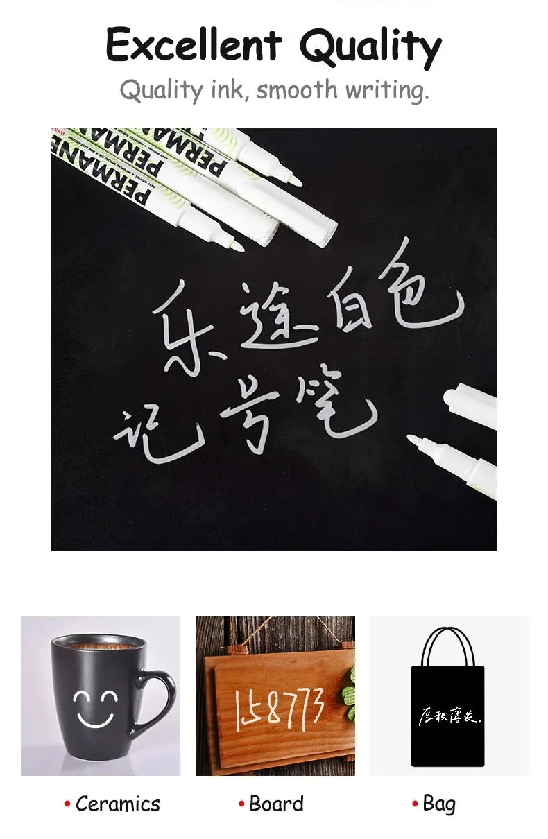 White Marker Pen Set Waterproof Permanent Paint Pens DIY Graffiti for Wood, Glass, Plastic Leather Stationery School Supplies