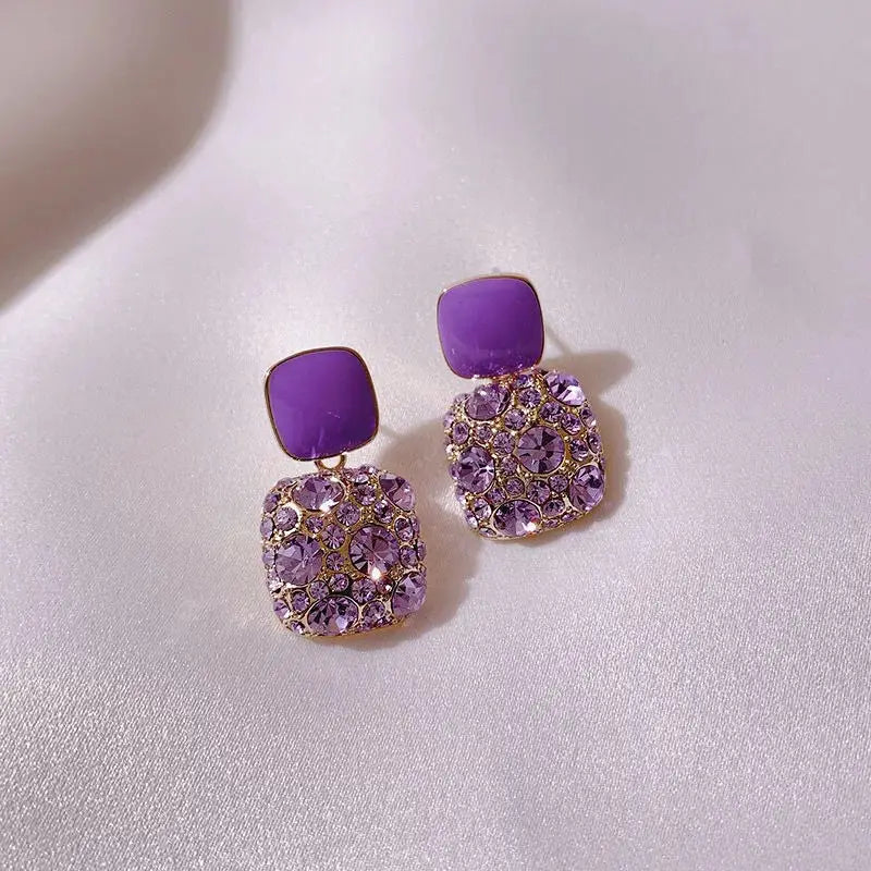 Purple Rhinestone Stud Earrrings For Women Exquisite Imitation Pearl Earrings Simple Square Geometric Earrings Party Jewelry