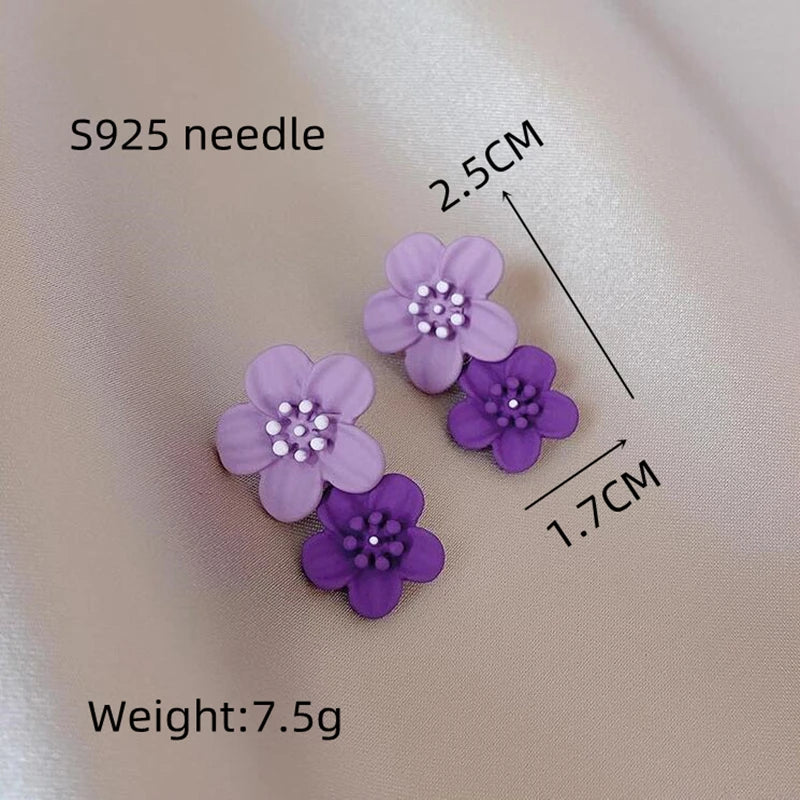 Sweet Purple Flower Butterfly Geometric Drop Earrings for Women Daisy Heart C-Shaped Round Sqaure Brincos Sweet Wedding Jewelry
