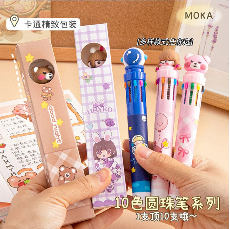 10-Color Ballpoint Pen Multifunctional Blue Black Red Pink Orange Yellow Green Blue Purple Brown Marker Pen Cartoon