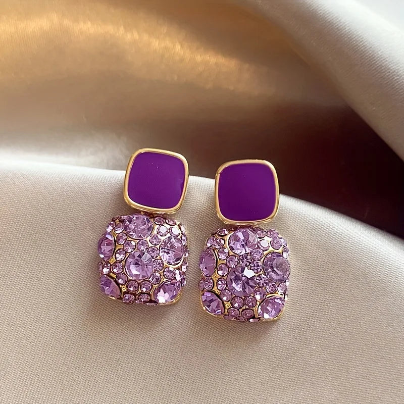 New Purple Simulated Zircon Square Earrings Wwith A Light Luxur High-End Feel Fashionable Female Wedding Party Jewelry Gifts