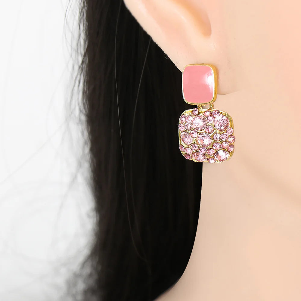 Purple Rhinestone Stud Earrrings For Women Exquisite Imitation Pearl Earrings Simple Square Geometric Earrings Party Jewelry