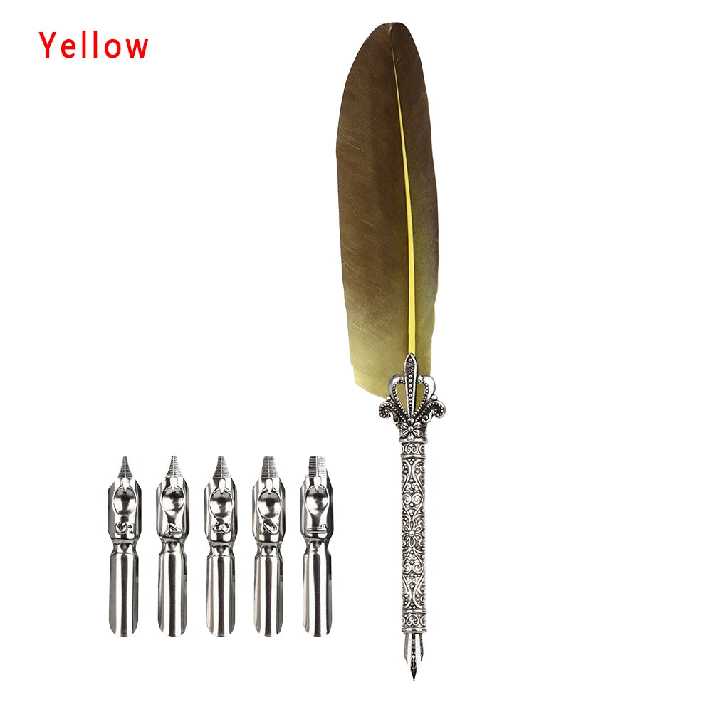 1 Set Vintage Feather Pen with 5 Pen-nib Carved Flower Nib Quill Dip Pen Oblique Pen Set Gift Writing Tools School Office Supply