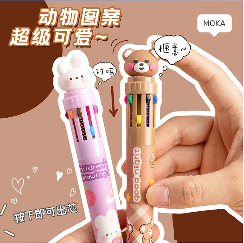 10-Color Ballpoint Pen Multifunctional Blue Black Red Pink Orange Yellow Green Blue Purple Brown Marker Pen Cartoon