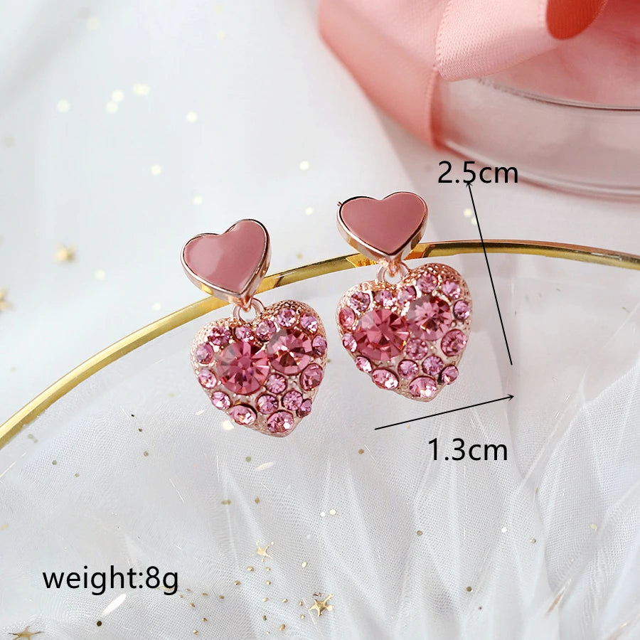 New Trend Zircon Crystal Double Pink Heart Pendant Earring for Women Geometry Brincos Wedding Jewelry Girl Gift