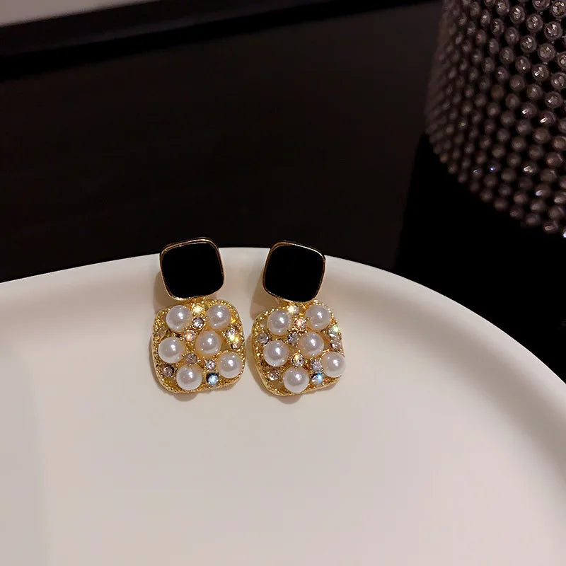 Purple Rhinestone Stud Earrrings For Women Exquisite Imitation Pearl Earrings Simple Square Geometric Earrings Party Jewelry