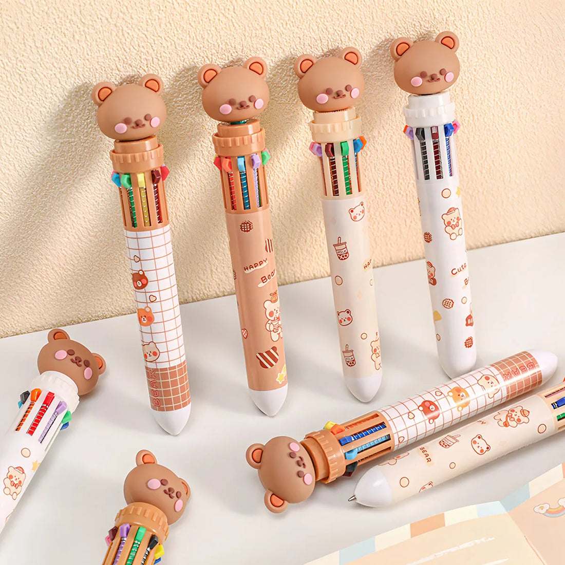 4PCS Ten color bear ballpoint pen, 0.5MM press type writing pen, interesting printing design and water-based ink, school supplie