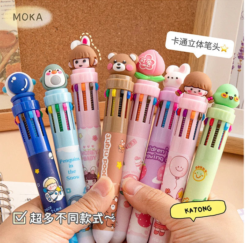 10-Color Ballpoint Pen Multifunctional Blue Black Red Pink Orange Yellow Green Blue Purple Brown Marker Pen Cartoon