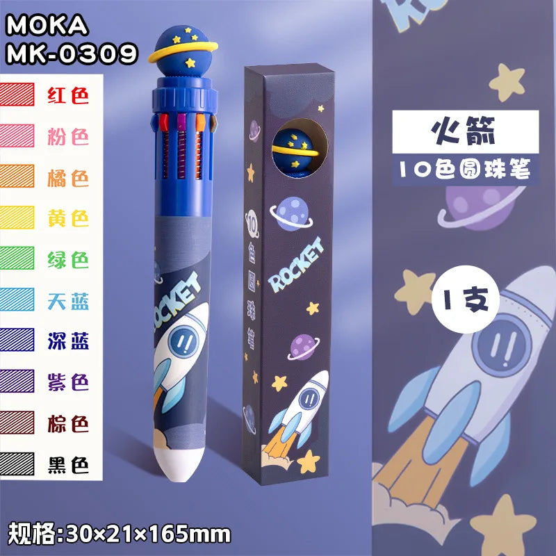 10-Color Ballpoint Pen Multifunctional Blue Black Red Pink Orange Yellow Green Blue Purple Brown Marker Pen Cartoon