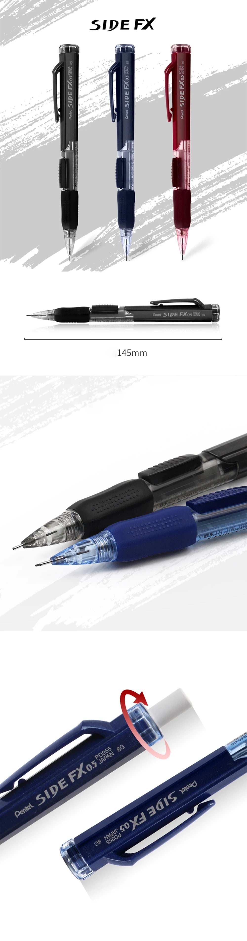 1pcs Pentel Mechanical Pencil 0.5mm PD255 Drawing Art Supplies Office Accessories Student School Stationery Side Press Out Lead