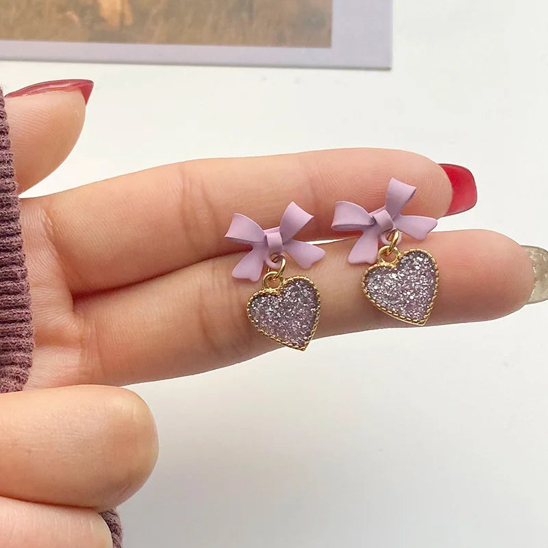Elegant Purple Crystal Heart Dangle Earrings Fashion Korean Lovely Bow Drop Earrings Romantic Girls Women Party Jewelry