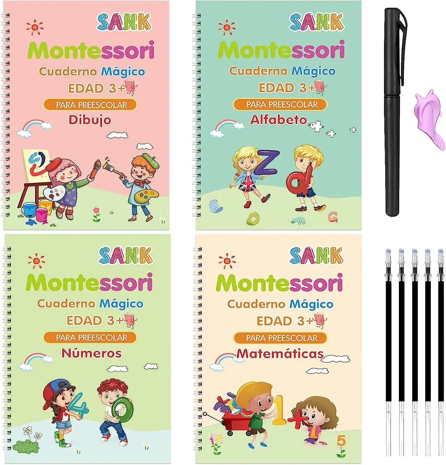 4Books Magic Writing Book in Spanish Calligraphy Notebook Montessori Kids Reusable Educational Calligraphic Letter Practice Toy