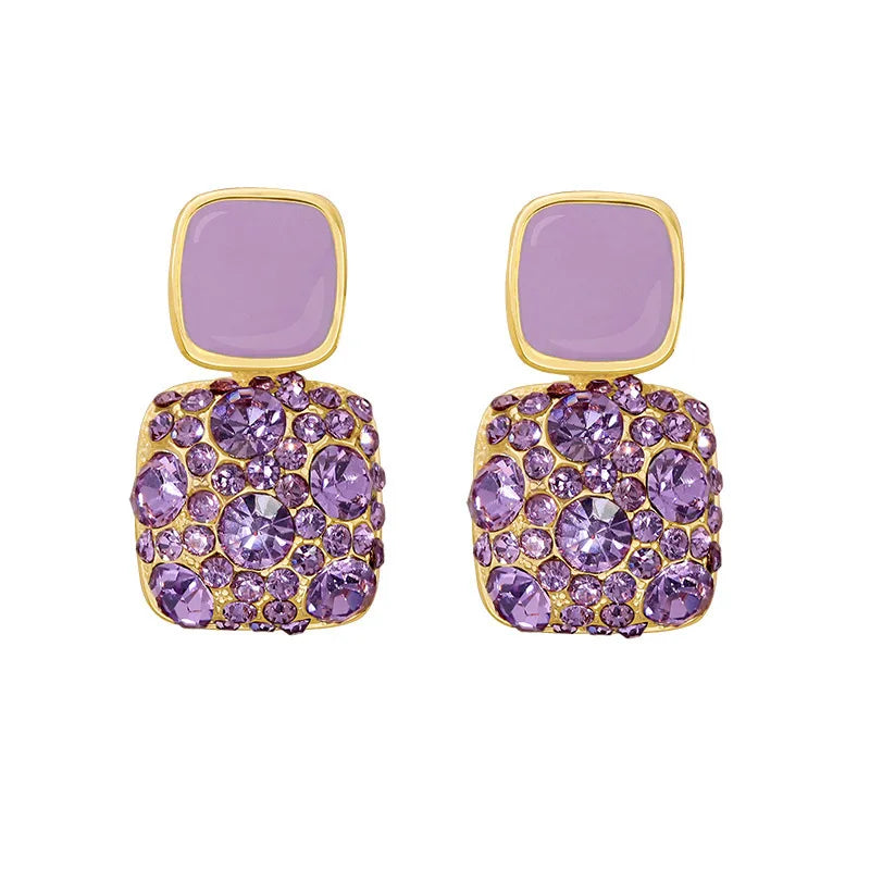 Vintage Enamel Square Stud Earrings For Women New Trendy Full Zircon Earrings Female Niche Temperament Fashion Jewelry Gift