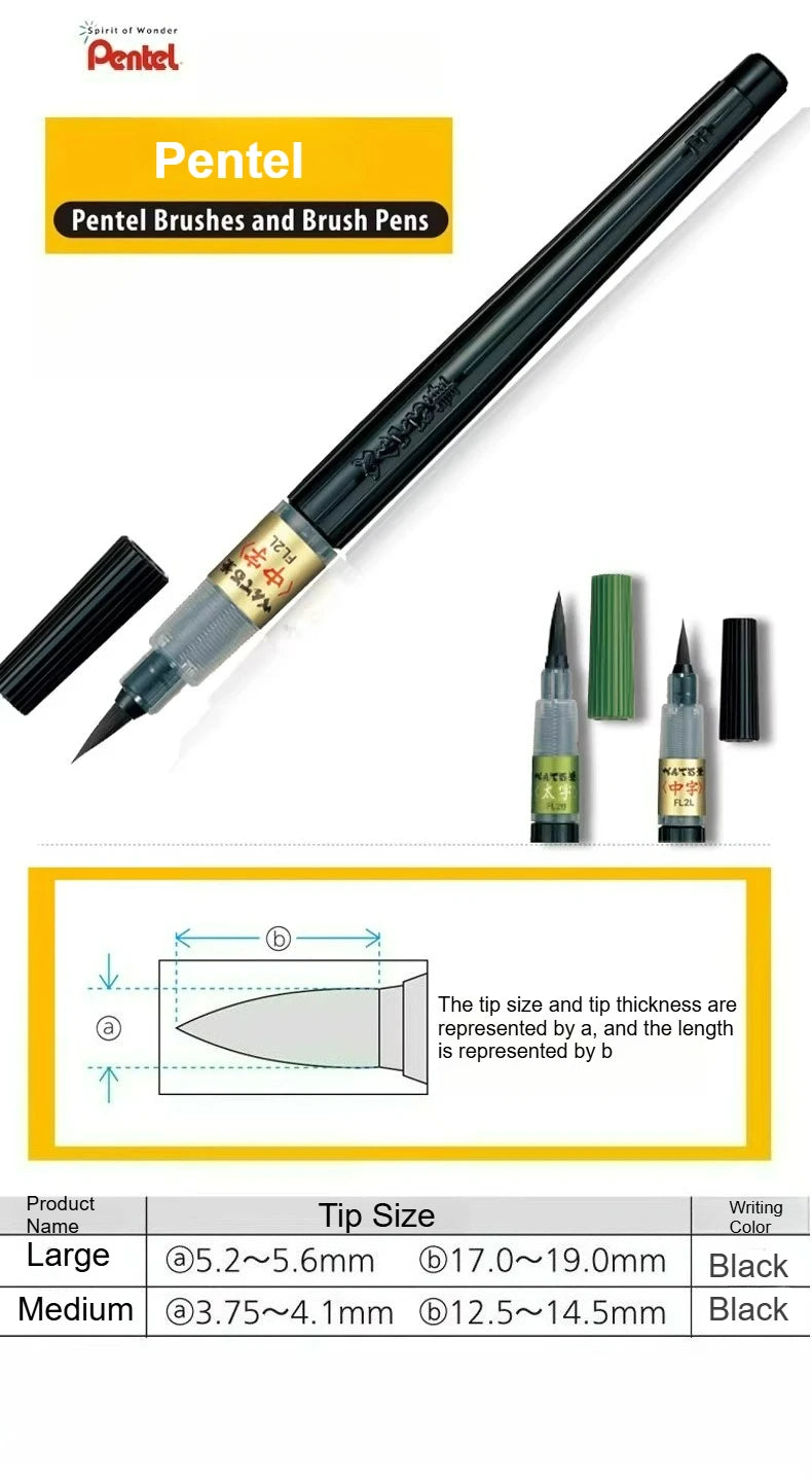 PENTEL Scientific Writing Portable Brush Pen Soft - tipped Calligraphy Practice Pen Refillable Ink Small Regular Script