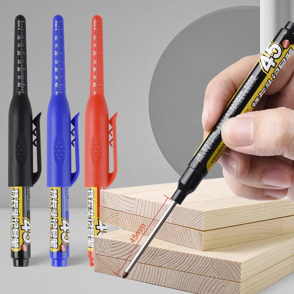 45mm Waterproof Deep Hole Marker Pens Long Nib Head Carpenter Pen Black/Blue/Red Ink for Multi-Purpose Woodworking Hand Tools