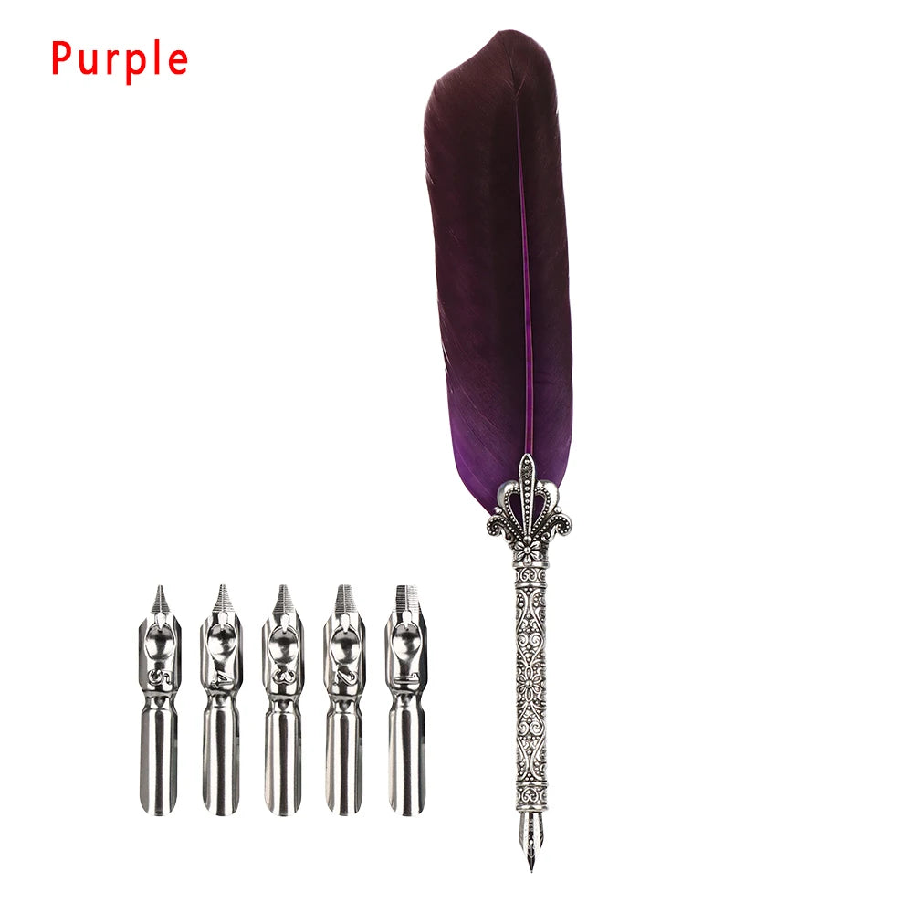 1 Set Vintage Feather Pen with 5 Pen-nib Carved Flower Nib Quill Dip Pen Oblique Pen Set Gift Writing Tools School Office Supply
