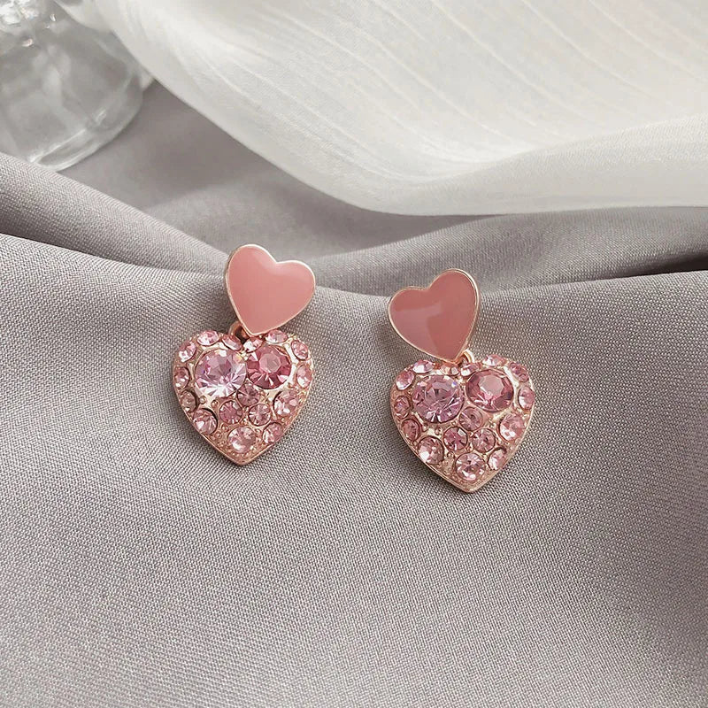 New Trend Zircon Crystal Double Pink Heart Pendant Earring for Women Geometry Brincos Wedding Jewelry Girl Gift