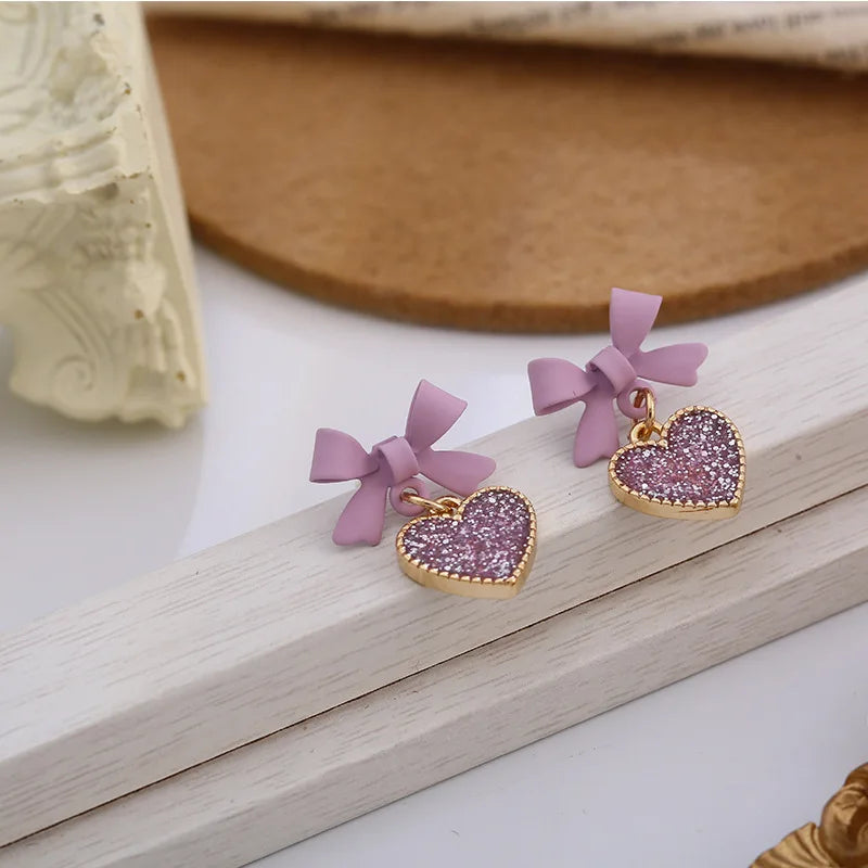 Elegant Purple Crystal Heart Dangle Earrings Fashion Korean Lovely Bow Drop Earrings Romantic Girls Women Party Jewelry