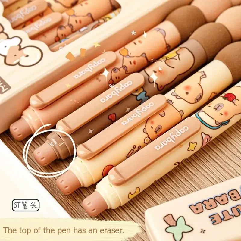 4Pcs Cartoon Capibara Erasable Pencil Gradient Sponge Neutral Press Move Pen Elementary School Blue Pen Erasable Pen
