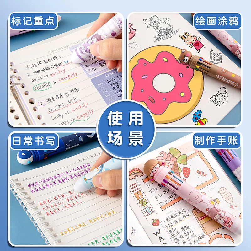 10-Color Ballpoint Pen Multifunctional Blue Black Red Pink Orange Yellow Green Blue Purple Brown Marker Pen Cartoon