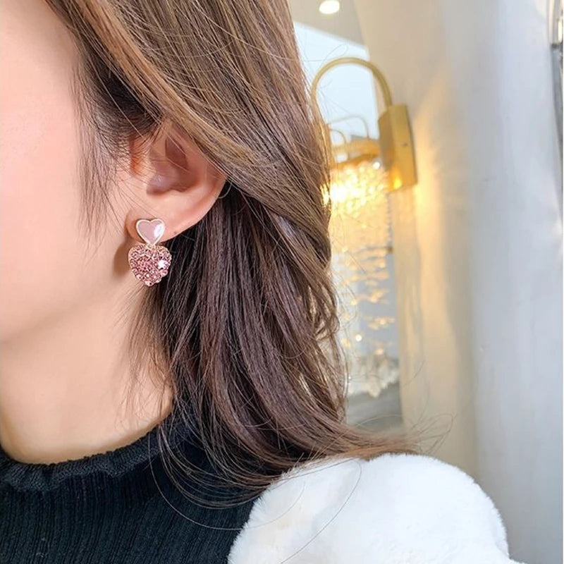 New Trend Zircon Crystal Double Pink Heart Pendant Earring for Women Geometry Brincos Wedding Jewelry Girl Gift