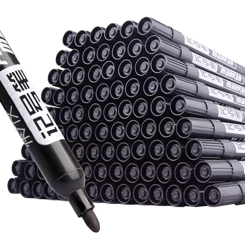 A set of 10 large-tip black ink marker pens for non-erasable marking and notation