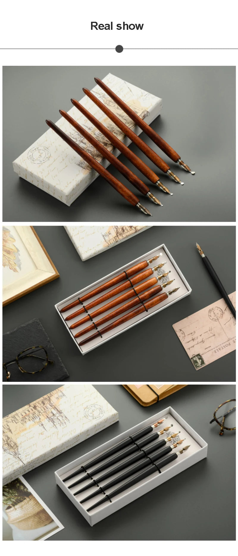 5Pcs Literary Retro Wooden Dip Pen 5 Nibs Set Antique Dip Calligraphy Writing Pen Office Stationery Writing Tools