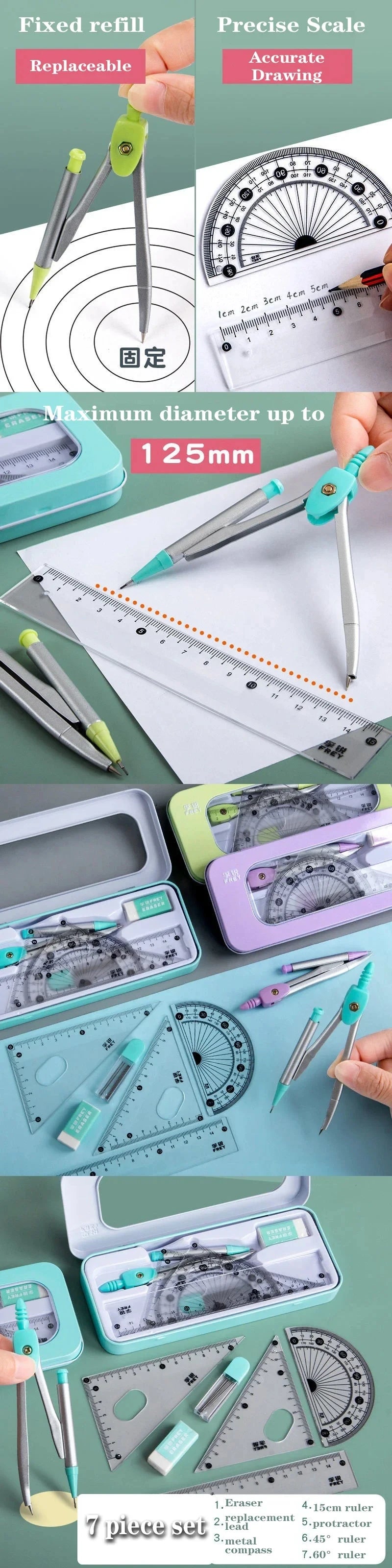 7 PCS Compass and Ruler Sets Triangle Ruler Protractor Rubber Student Exam Specific Ruler Box Set Ruler Set School Starts