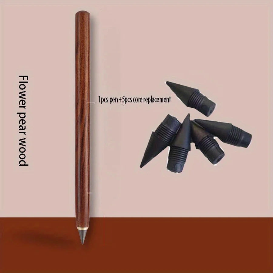 1PC Pen +5pcs Pen Tip Wooden Eternal Pencil HB Never Need Sharpening Unbreakable for Students Sketching Drawing High Tech