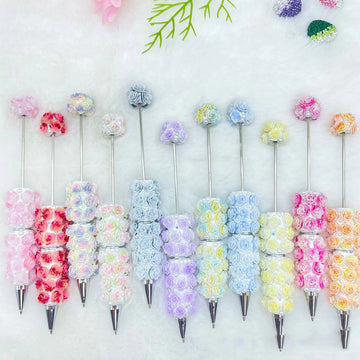 20Pcs Pearl Rose Beaded Pen Supplies Creative Handmade DIY Cute Beaded Ball Pen Office School Children Stationery Kids Gift
